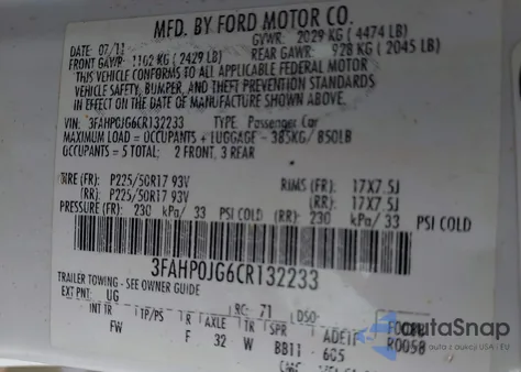 2012 Ford Fusion Sel z USA, uszkodzony, nr VIN 3FAHP0JG6CR132233